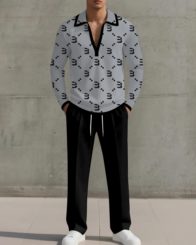 Big & Tall Men's Gray Geometric Print POLO V-neck Long Sleeve Trousers Two-piece Set