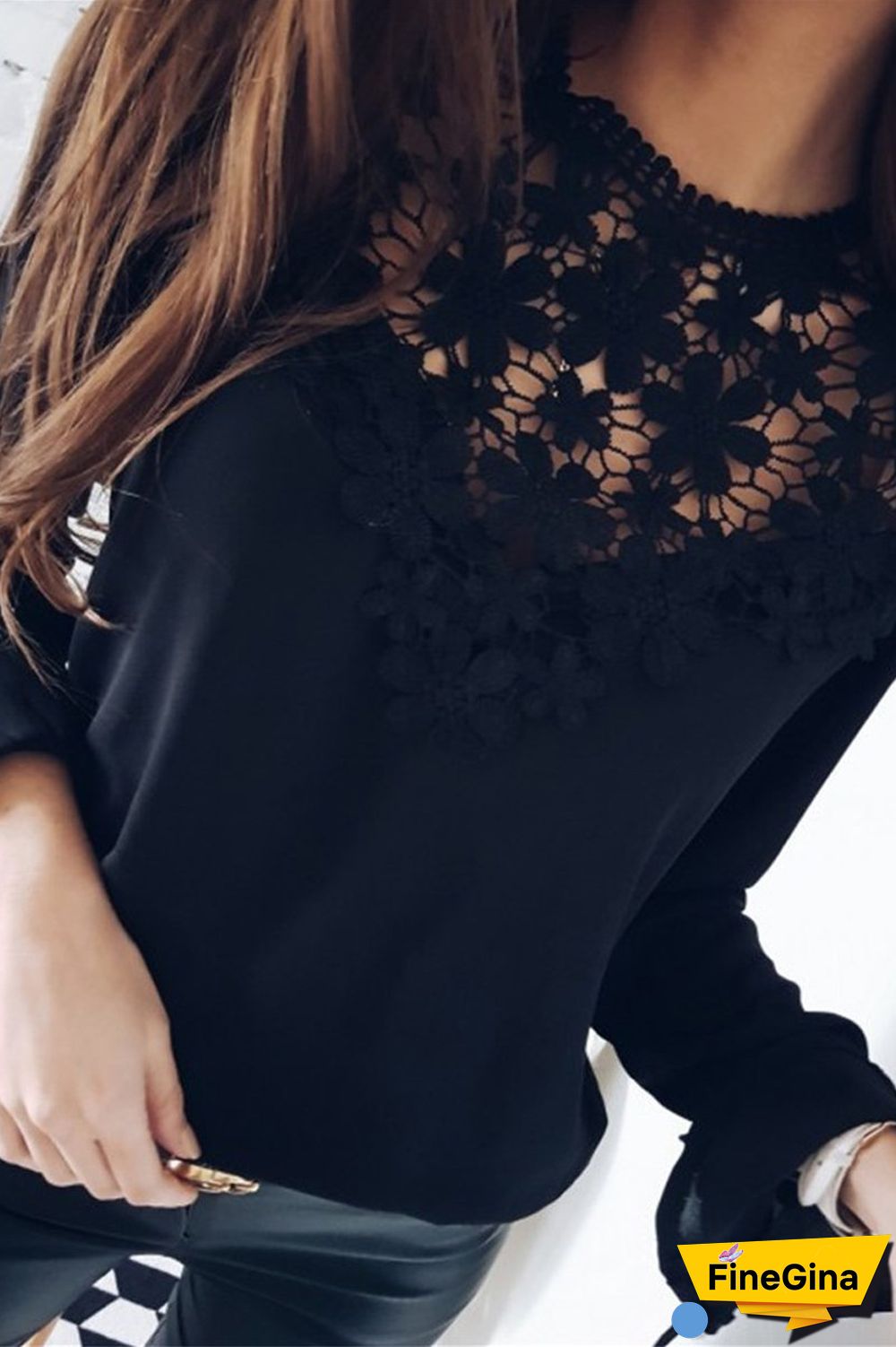 Lace Patchwork Chiffon Solid Blouse