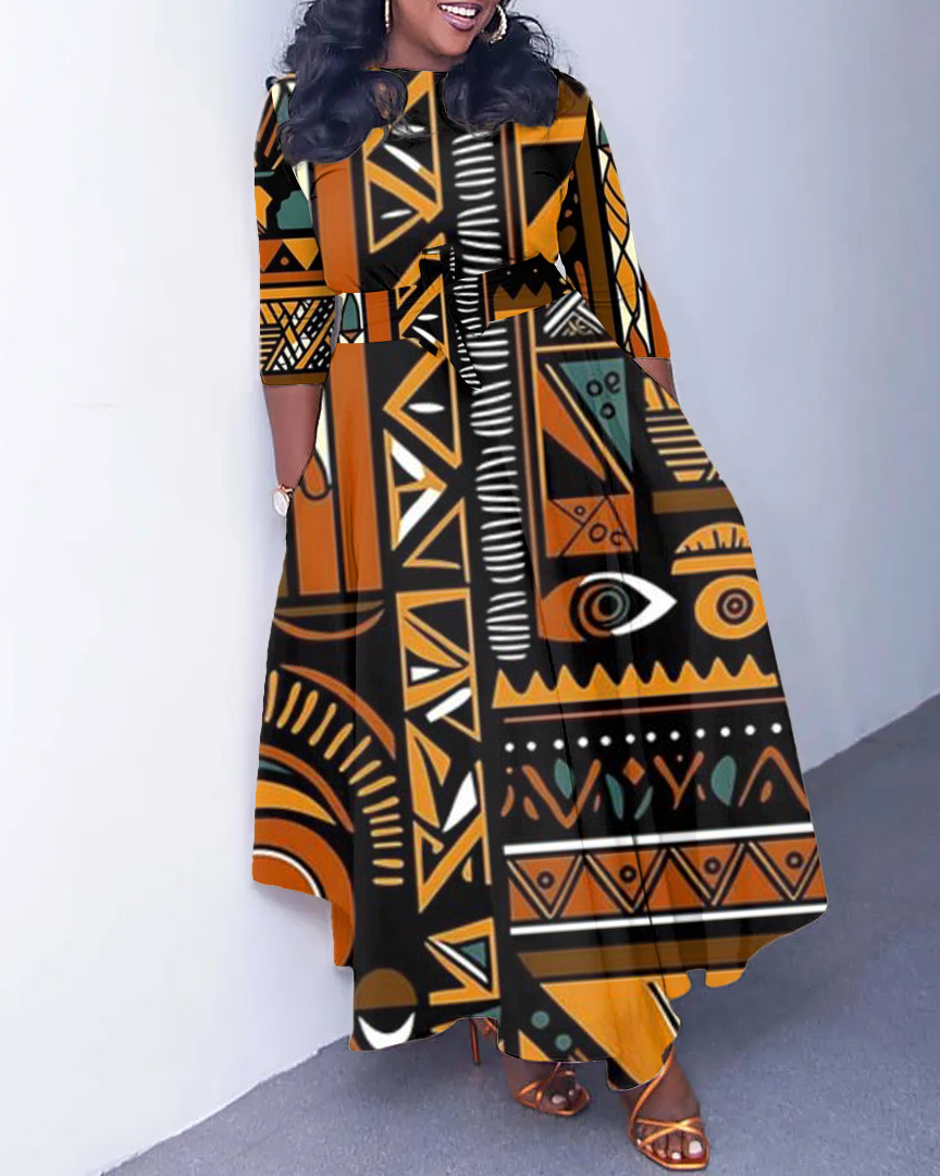 Tribal Geometric Print Long Sleeve Pockets Maxi Dress