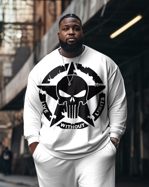 Men's White Skull Stars Plus Size Sweatshirt Two Piece Set
