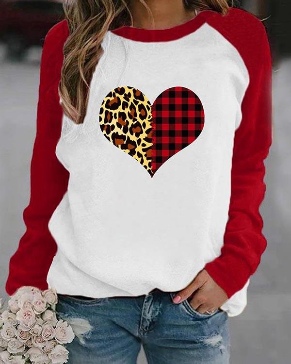Heart Shaped Leopard And Plaid Print Long Sleeves Color Block T-shirt - Chicaggo