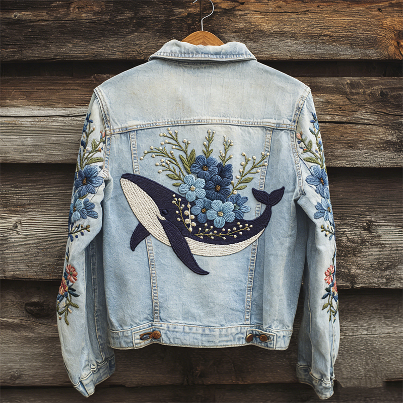 Whale Floral Art Washed Denim Jacket wearshes