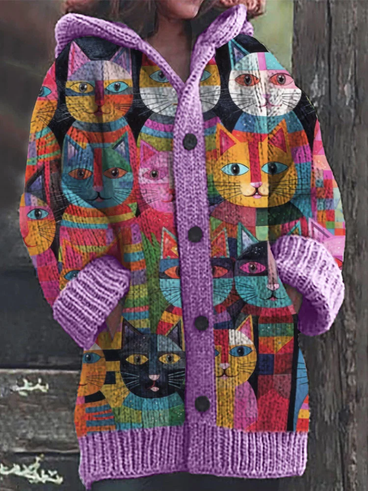 Colorful Cats Pattern Cozy Hooded Cardigan