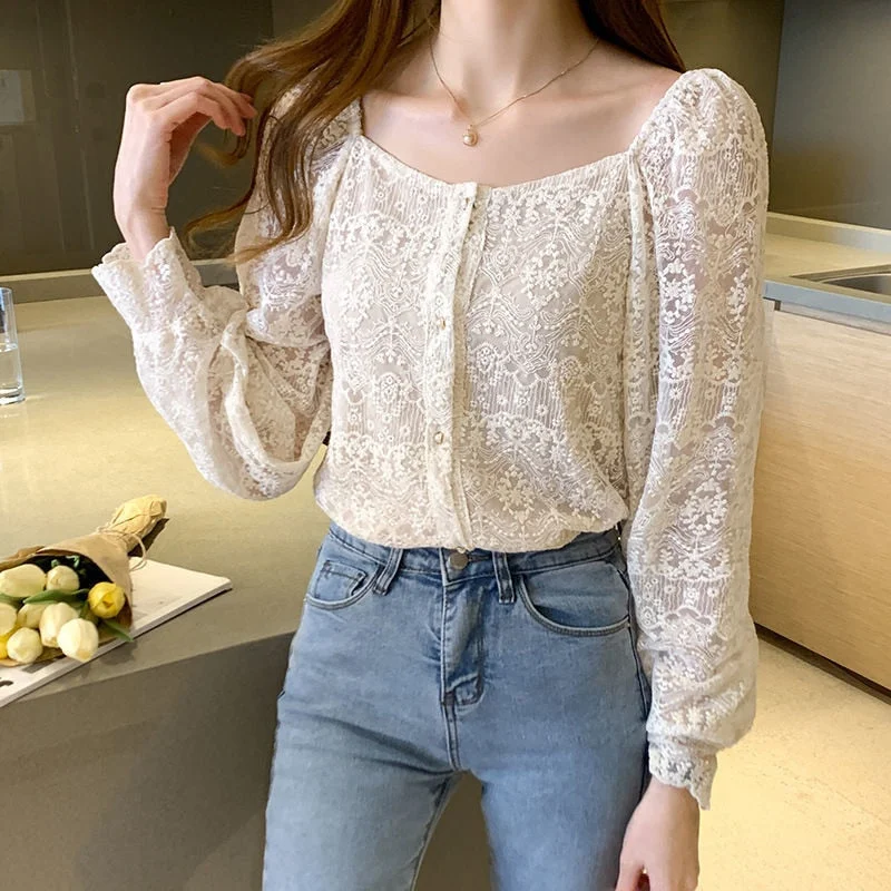 Korean Style Elegant Lace Blouse Shirt Women Spring Square Collar Long Sleeve Hollow Out Floral Feminine Blouses Tops Blusas