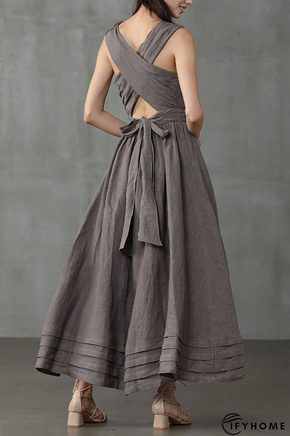 Cross Back O Neck Maxi Linen Dress | IFYHOME