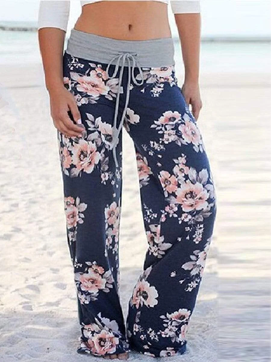 Hot Western Casual Personality High-Rise Wide-Leg Long Floral Print Pants