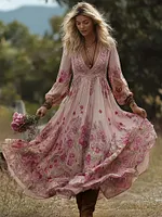 Vintage Boho Floral Pattern Flowy Linen Maxi Dress
