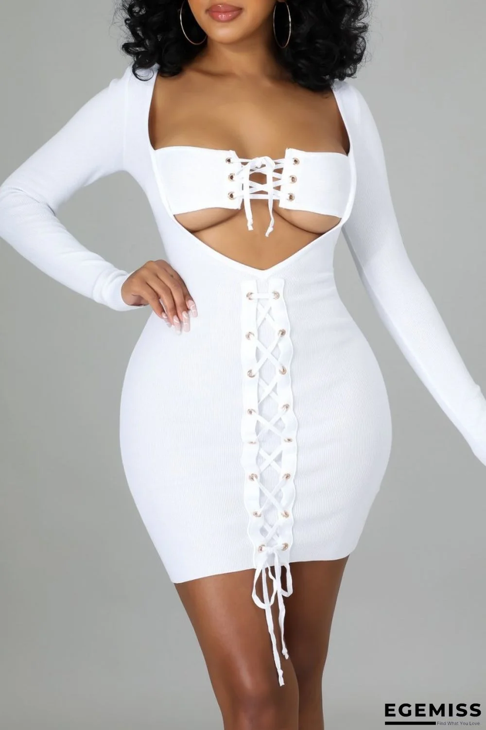 White Sexy Solid Hollowed Out Frenulum Square Collar Long Sleeve Dresses | EGEMISS