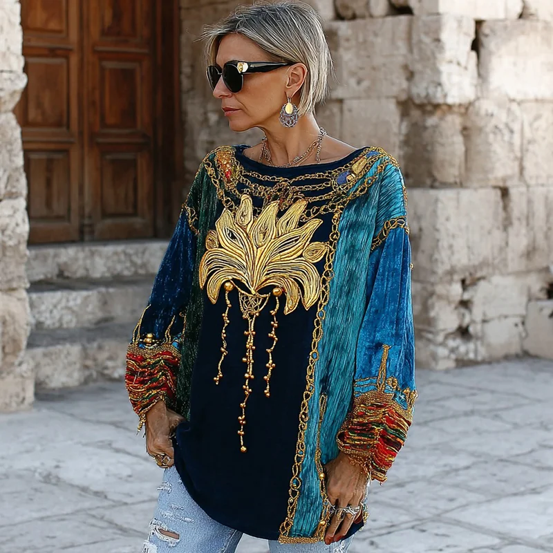 Women's Ancient Egyptian Lotus Chain Gold Stamping Design Round Neck T-shirt
