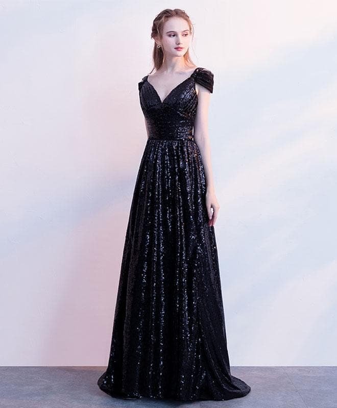 Black Sequins Off Shoulder Long Prom Dress, Black Evening Dress