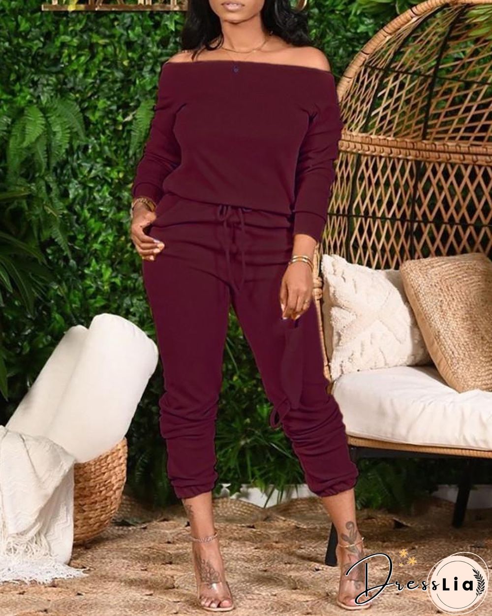 Plus Size Plain Long Sleeve Top & Drawstring Pants Set P14071