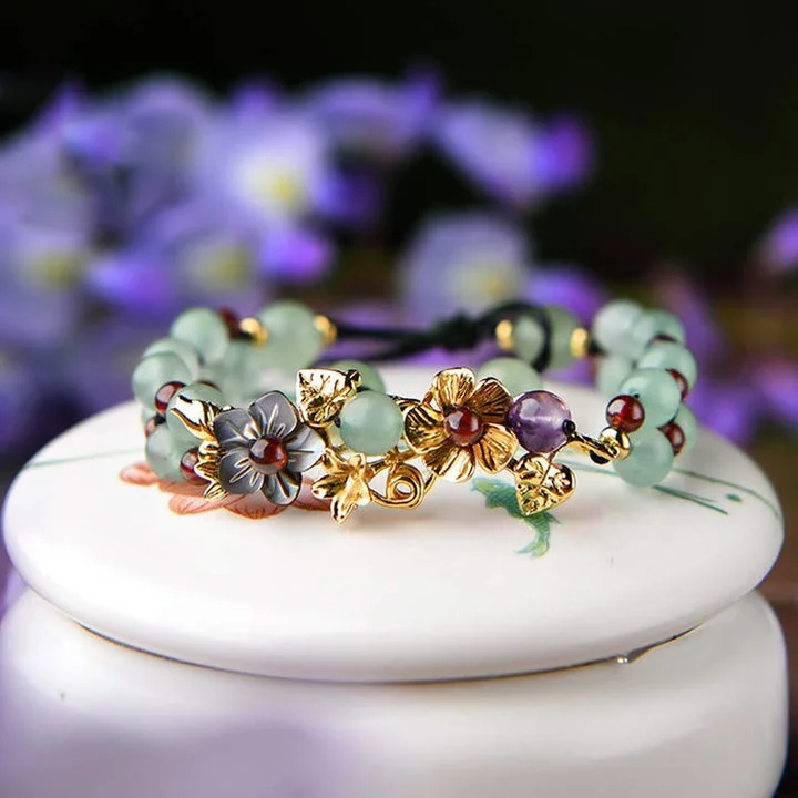 Garnet Bead Flower Petal Green Aventurine Luck Bracelet