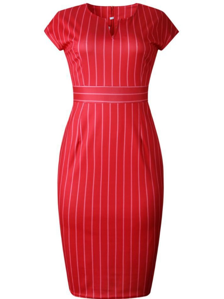 Women's Sexy Stripes Dress V-Neck Back Split Plus Size Panel Pencil Dress