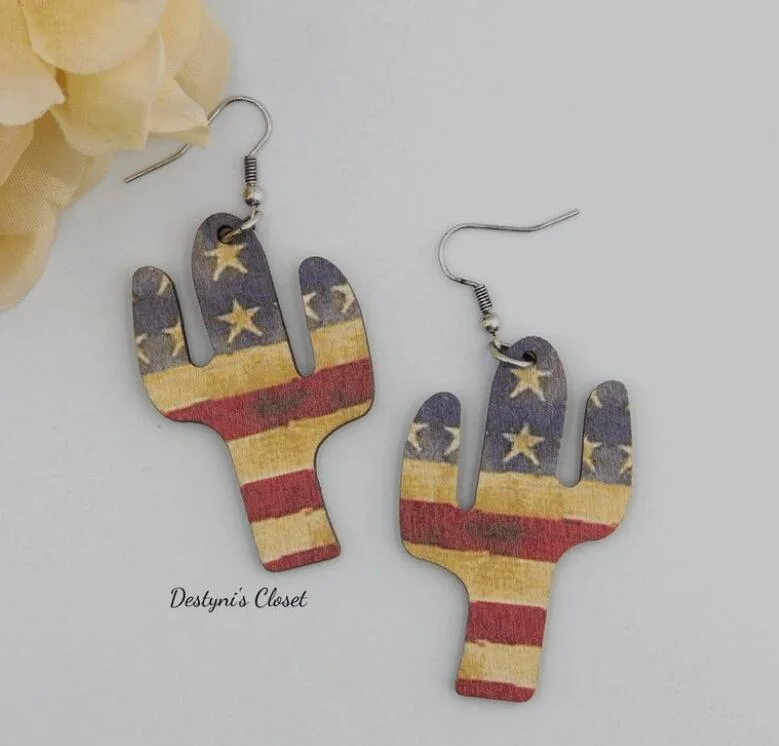 Vintage Amrican Flag Cactus Wooden Earrings