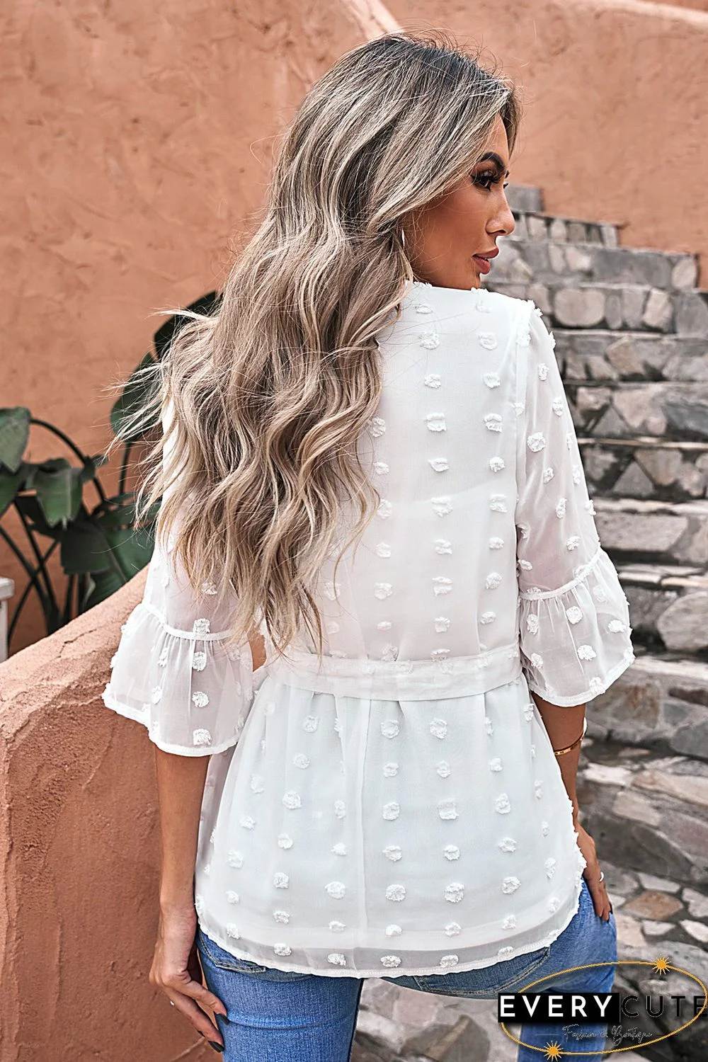 White Swiss Dot Tie Blouse