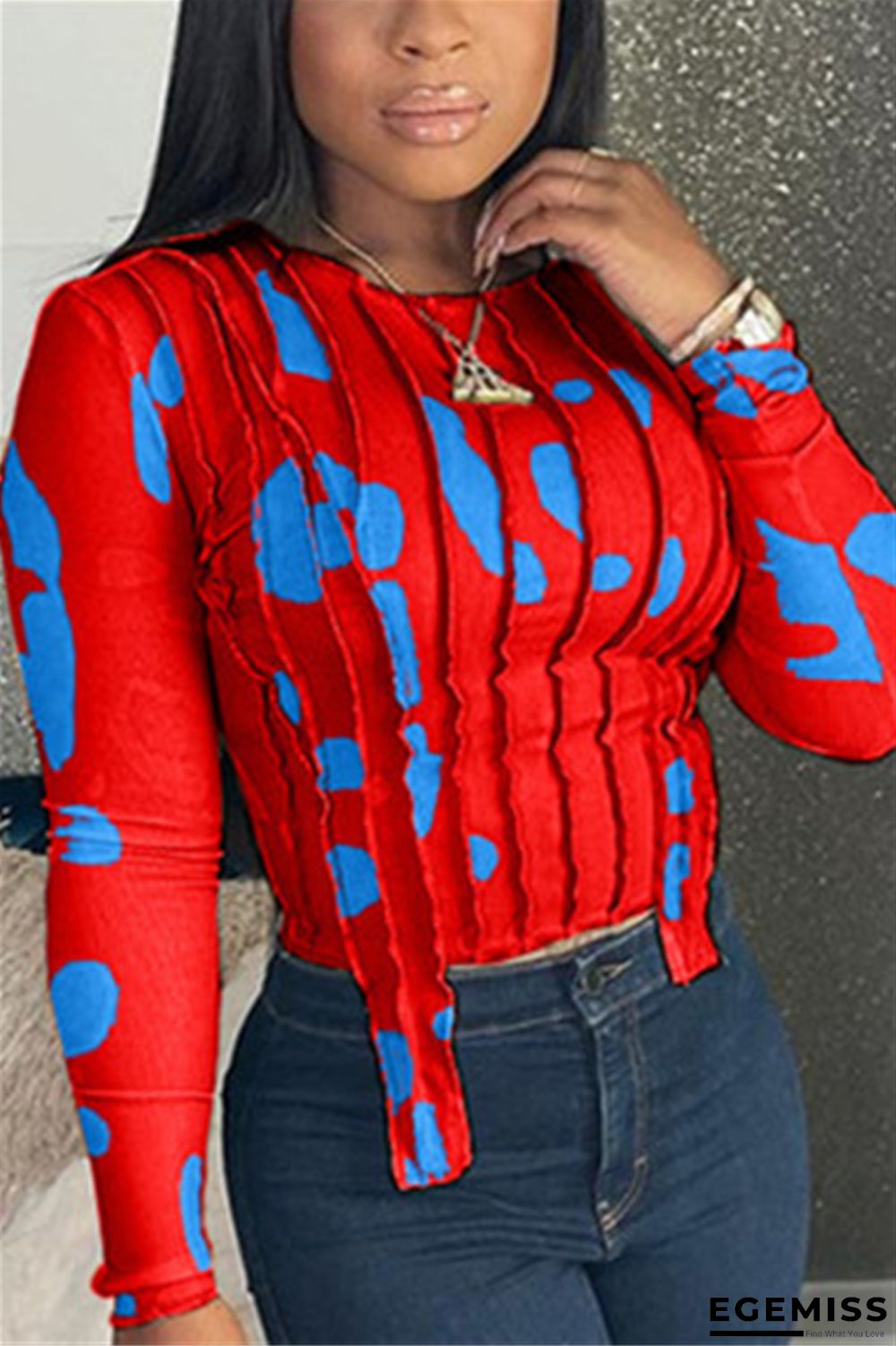 Red Fashion Casual Print Basic O Neck Tops | EGEMISS