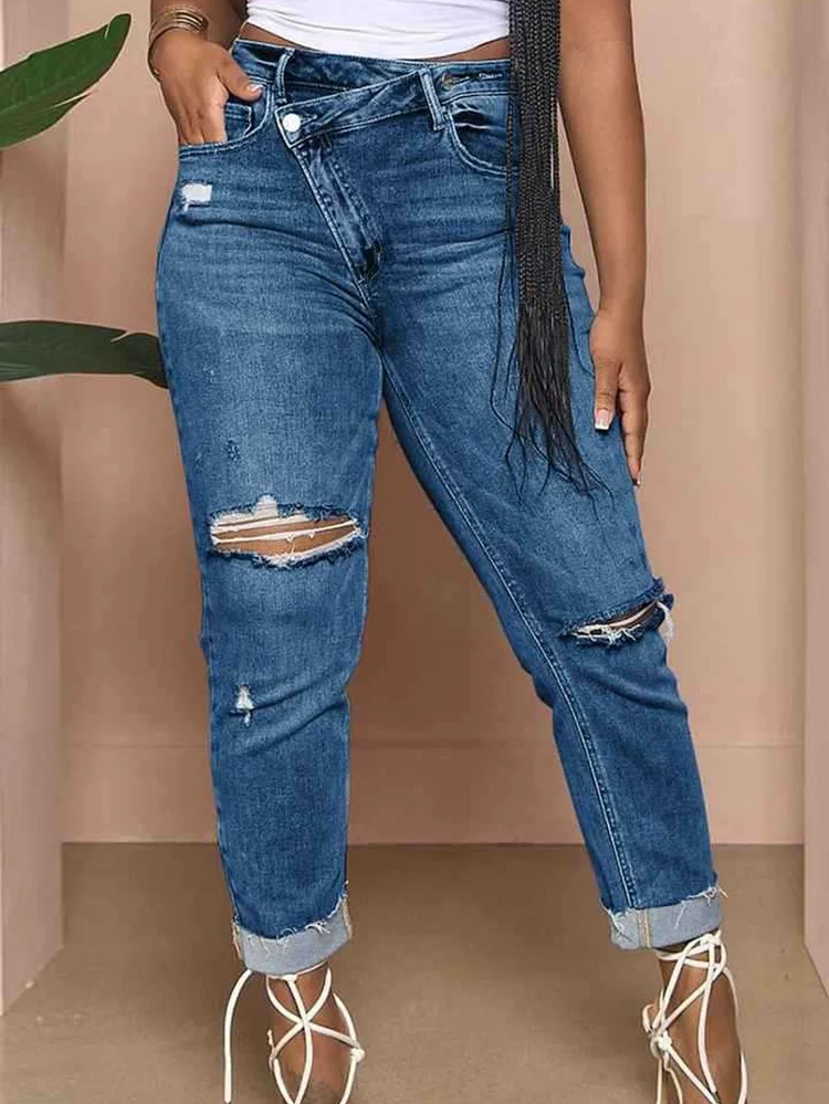 2025 Summer New Ripped High-Waisted Jeans Women's Clothing Slim-Fitting Small Feet Design