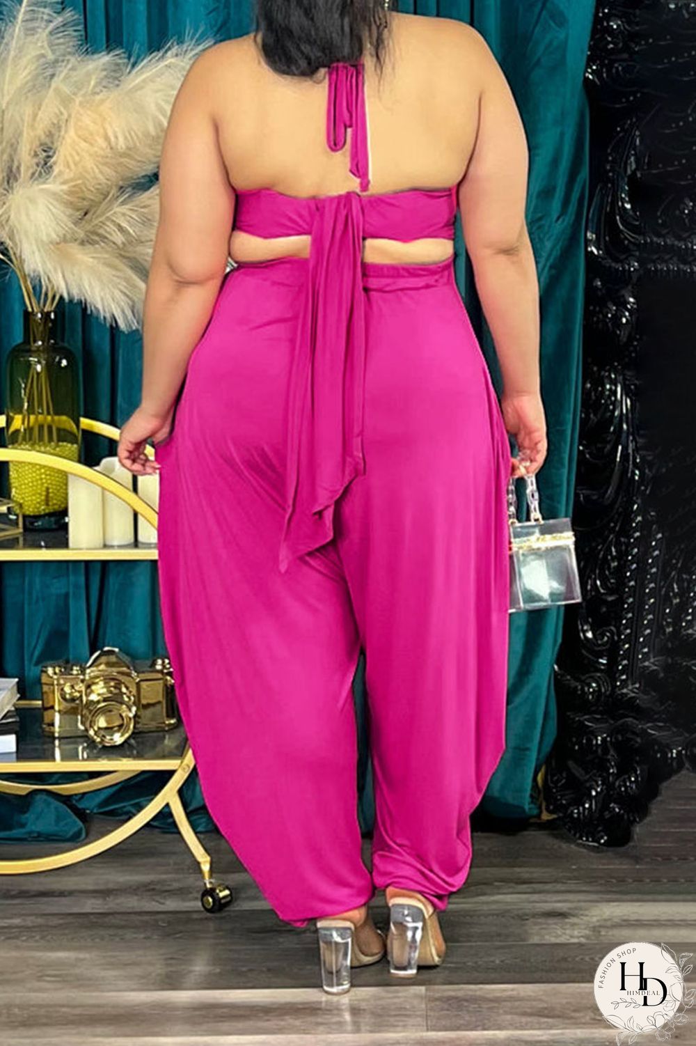 Rose Red Sexy Solid Bandage Patchwork Backless Asymmetrical Halter Plus Size Two Pieces