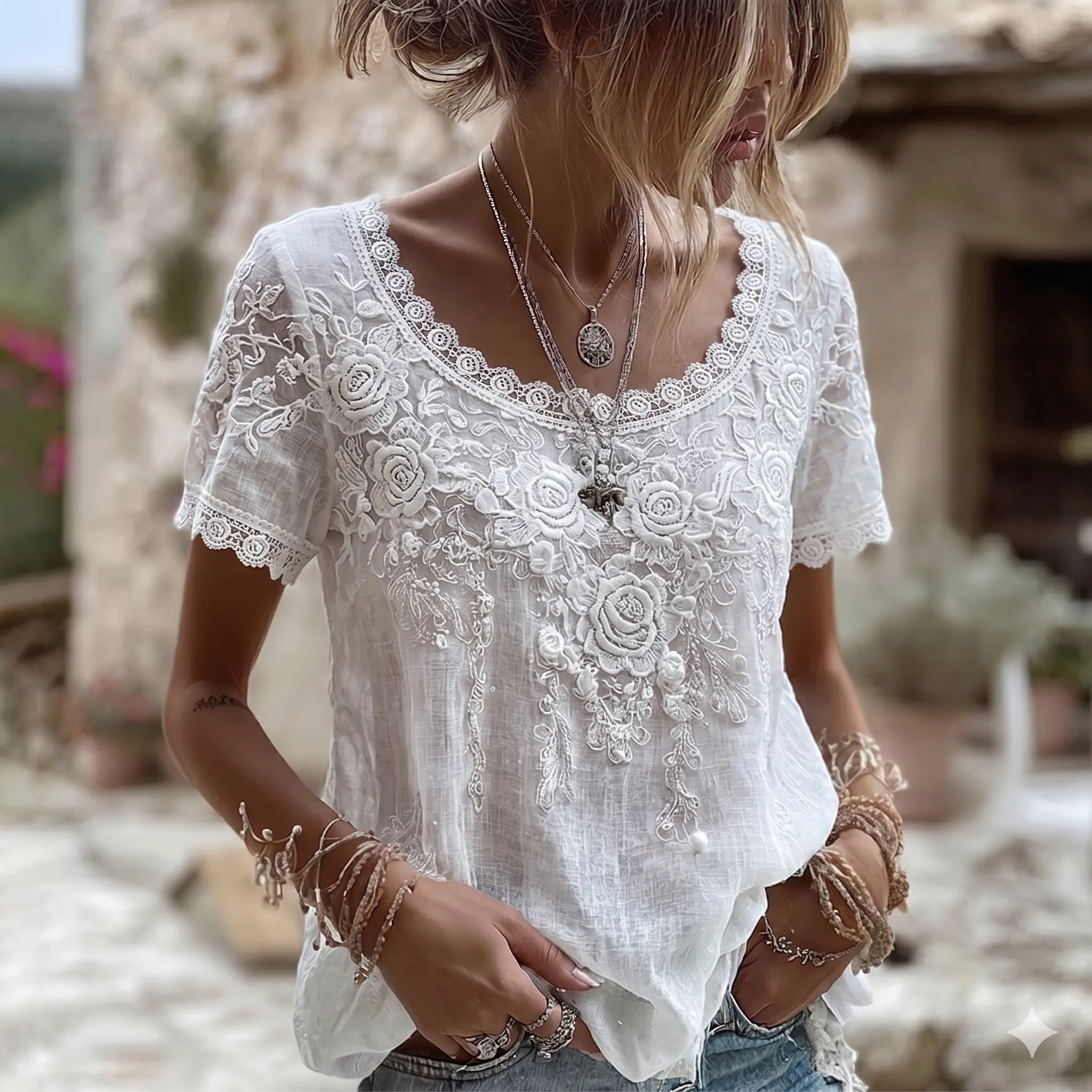 Comstylish Women's Vintage White Rose Art Flowy Linen Blend T-shirt