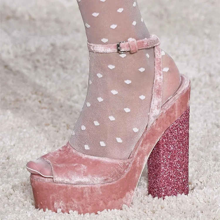 Pink Velvet Glitter Chunky Heel Platform Slingback Sandals Vdcoo