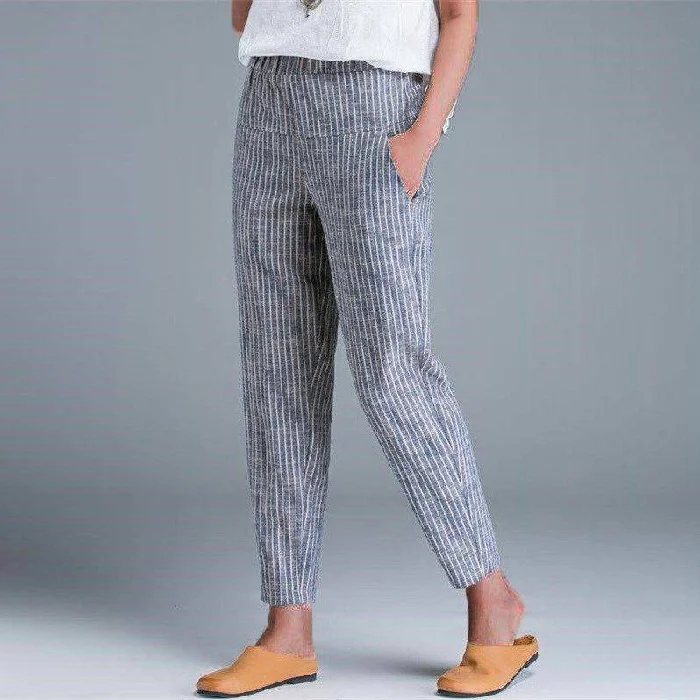 VChics Women's Stripes Pocket Cotton Linen Comfy Pants
