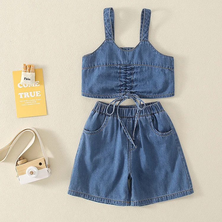 2pcs Breathable Baby Sleeveless Tank Top & Shorts Denim Set