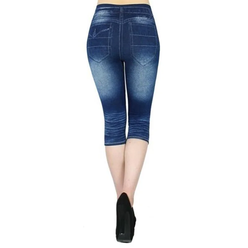 Mongw Faux Jeans Leggings Woman Stretch Printed Short Leggins Pants Summer Breeches High Waist Perfect Fit Jeans Jeggings