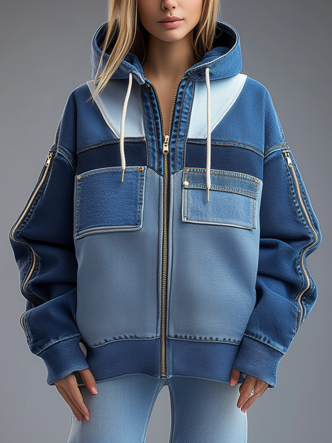 Ursime Denim Patchwork Zipper Drawstring Hooded Coat