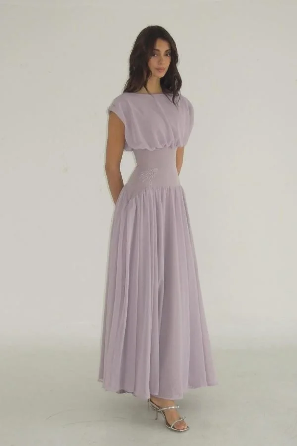 Miabel Elegant Lilac Chiffon Jewel Neck High Waist Short Sleeves Long Prom Dress with Beadings 