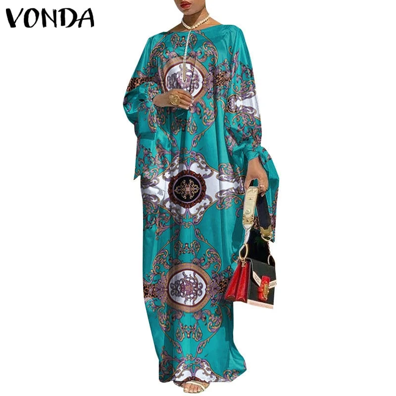 Holiday Long Sleeve Maxi Dress 2022 VONDA Women Vintage Printed Elegant Party Dress Femme Casual Loose Vestidos Party Robe Femme