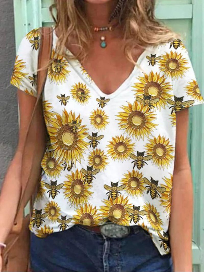 Women Short Sleeve V-neck Floral Printed Top