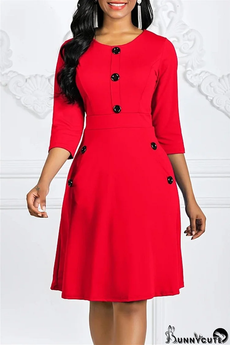 Red Fashion Casual Solid Patchwork O Neck A Line Dresses