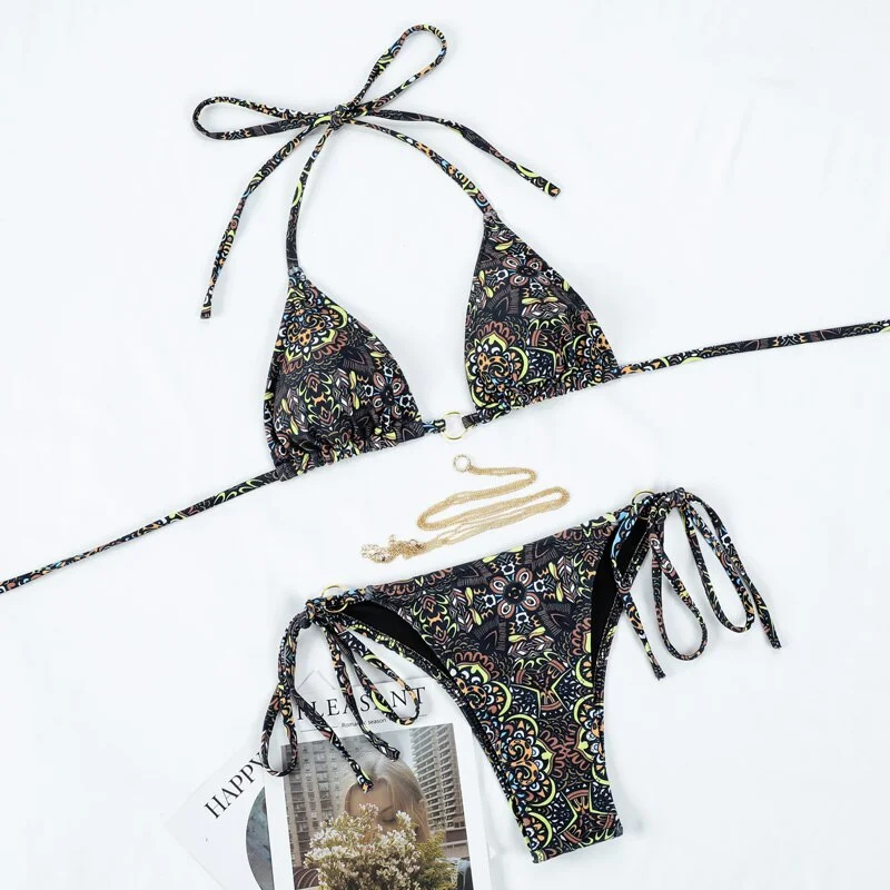 2022 Bandage Adjustable Swimsuit Women High Cut Thong Sexy Bikinis Swimwear Floral Print Halter Bikini Set Bathing Suits Biquini