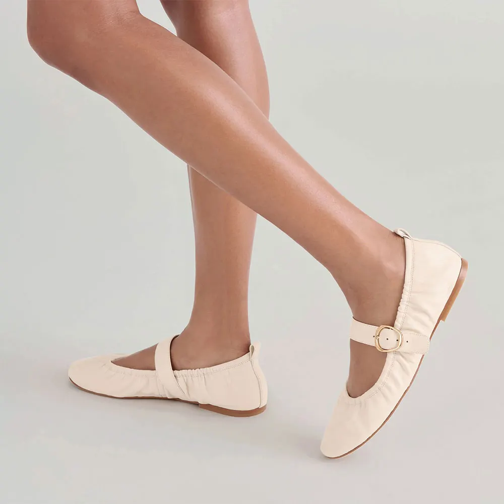 Ivory Faux Leather Round Toe Buckle Strap Flat Shoes for Women