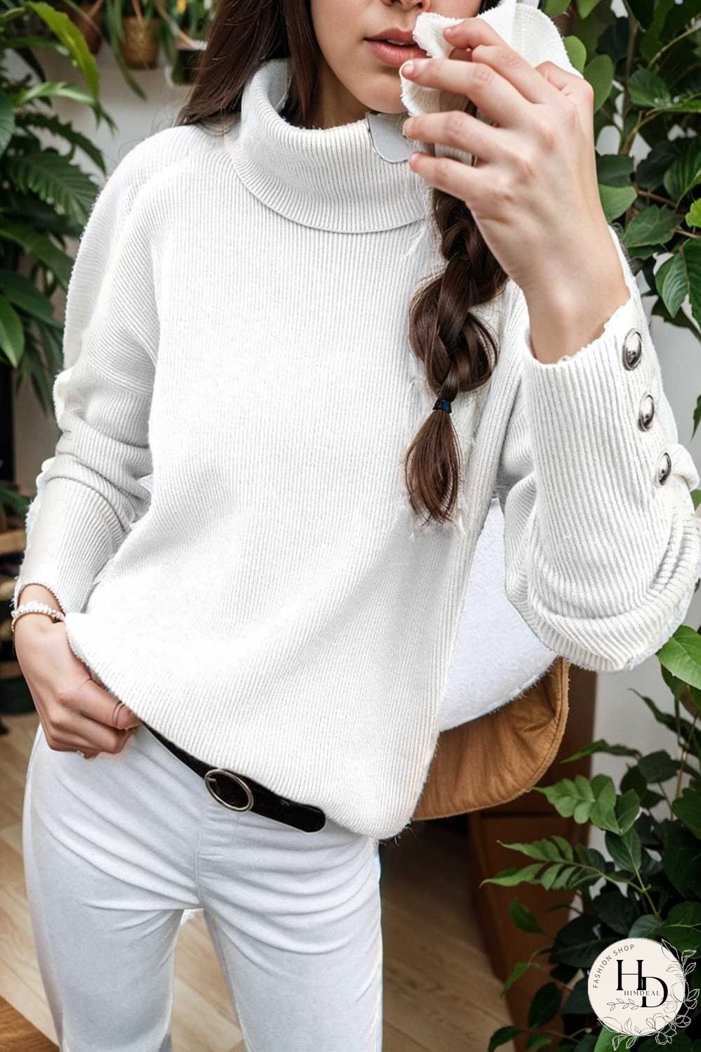 turtleneck solid long sleeve knitted sweater