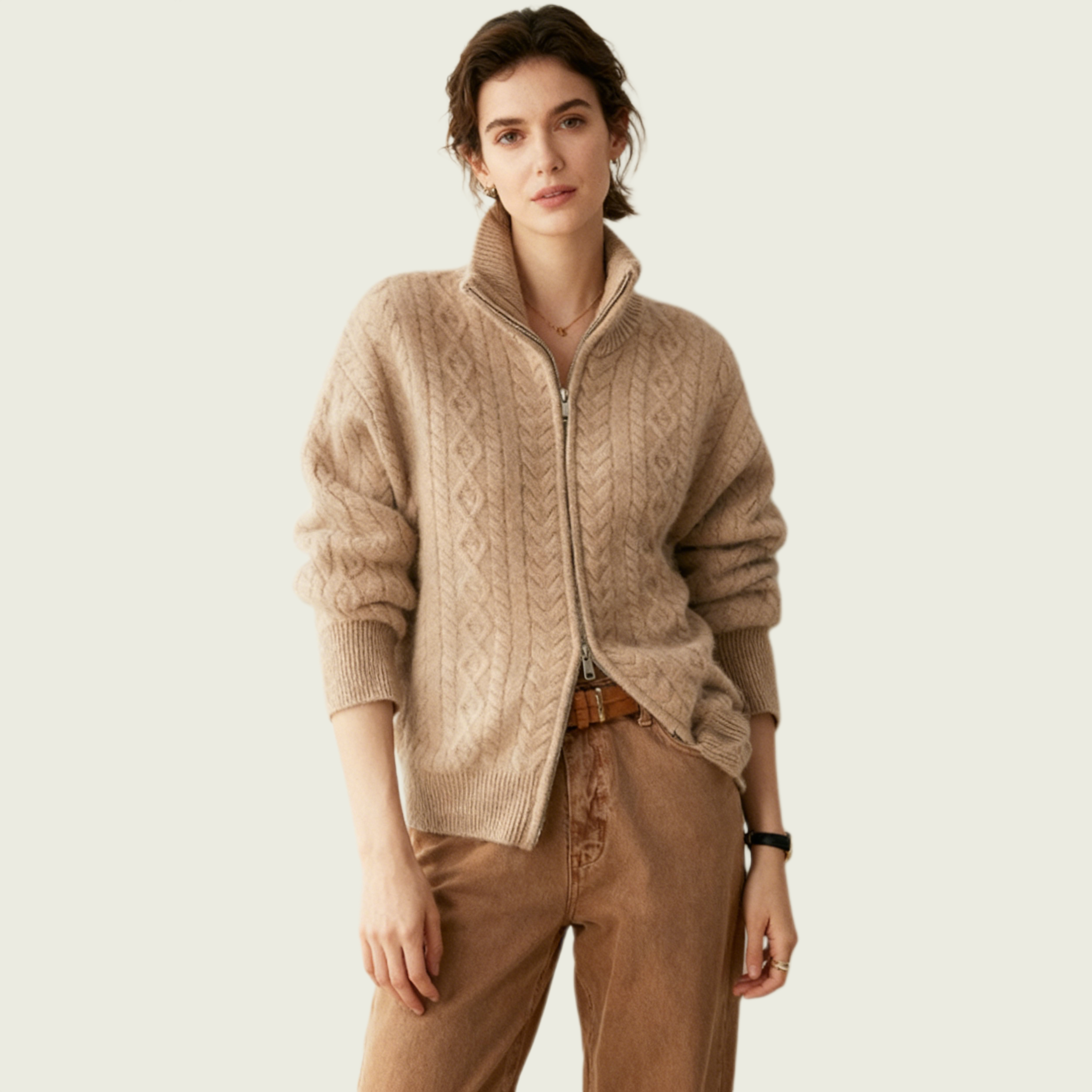 Women's Cable-Knit Cashmere Full-Zip Cardigan REAL SILK LIFE