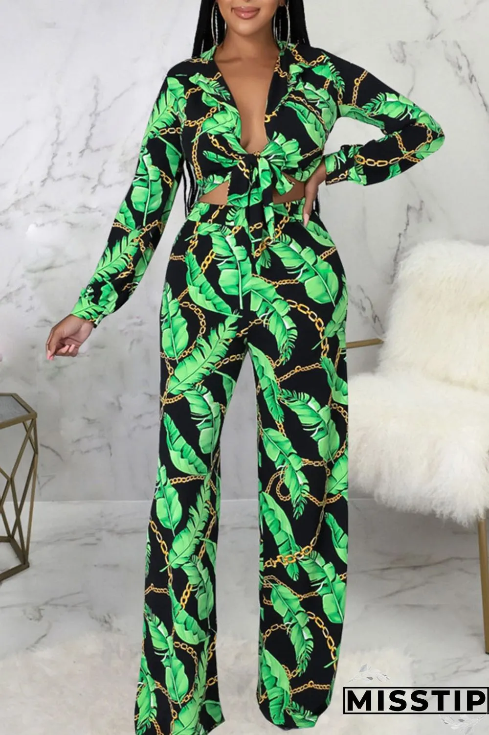 Cyan Casual Print Bandage Patchwork Turn-back Collar Long Sleeve Two Pieces