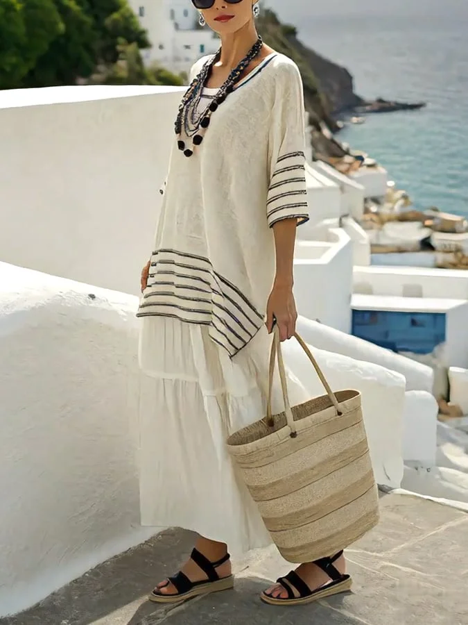 Women's Resort Round Neck Striped Ruffle Skirt Set 