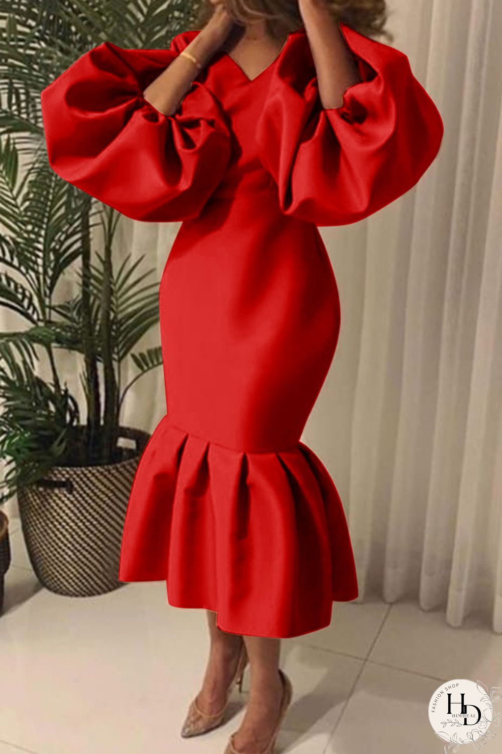 Red Fashion Sexy Solid Basic V Neck Evening Dress