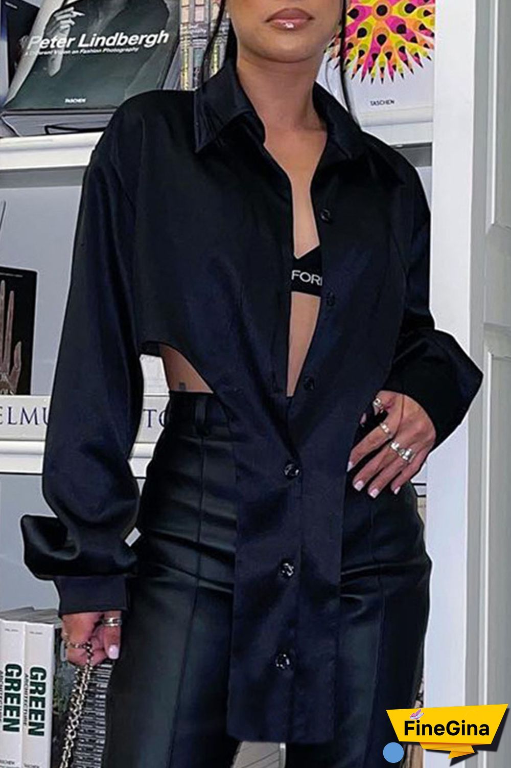 Black Street Solid Patchwork Buckle Asymmetrical Turndown Collar Tops