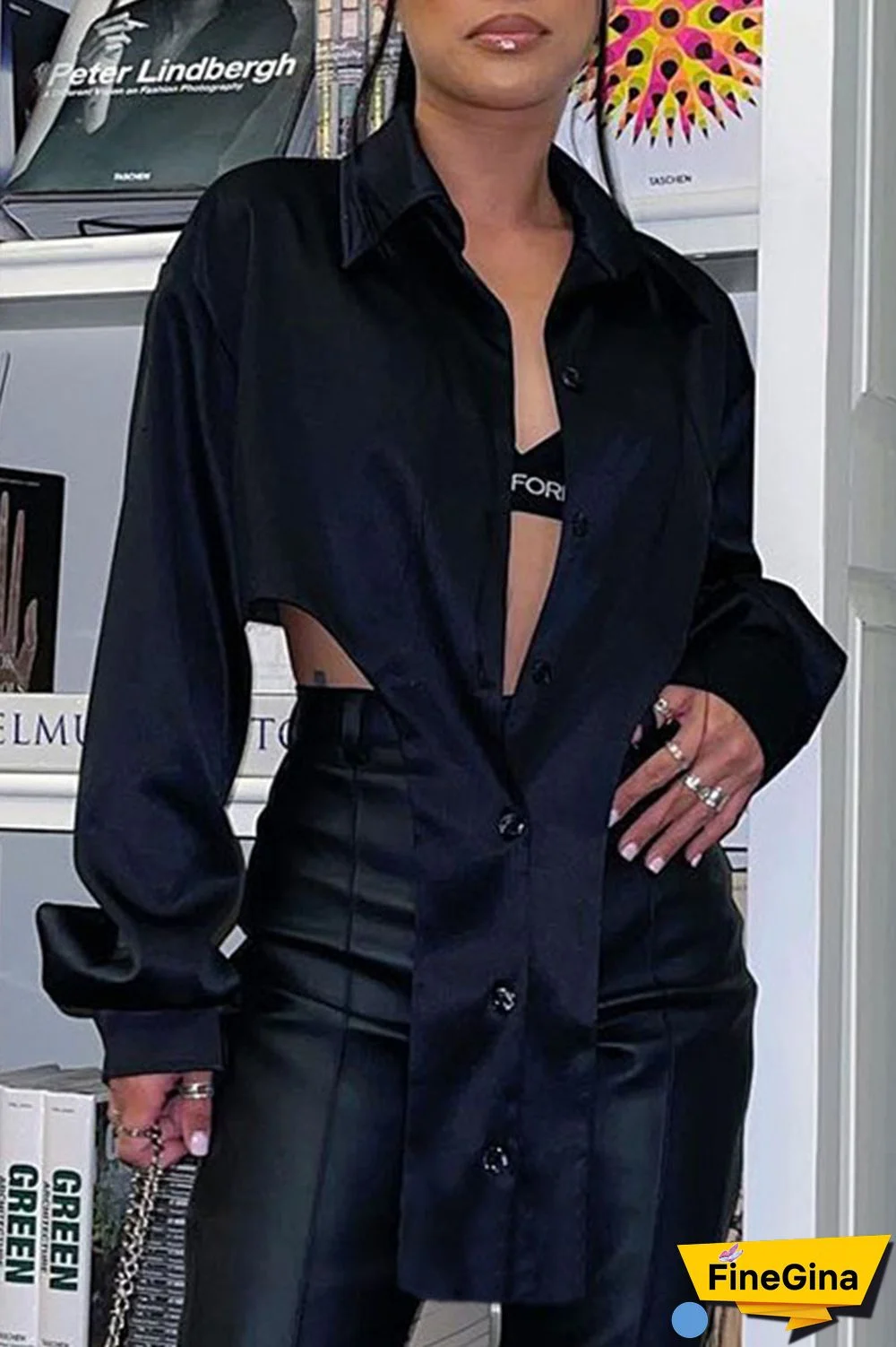 Black Street Solid Patchwork Buckle Asymmetrical Turndown Collar Tops