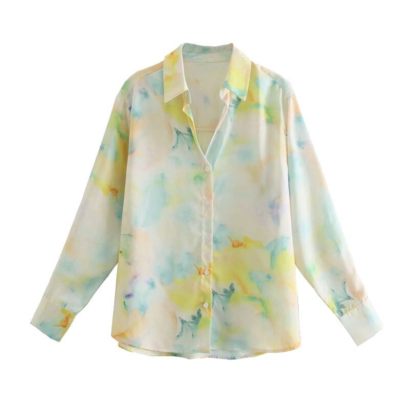 TRAF Women Fashion Tie-Dye Print Soft Touch Blouses Vintage Long Sleeve Button-up Female Shirts Blusas Chic Tops