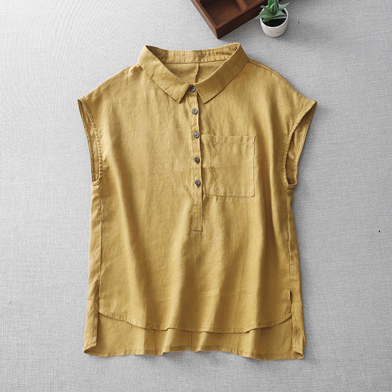 Mori Lapel Collar Drop Shoulder Sleeveless Cotton Linen Shirt