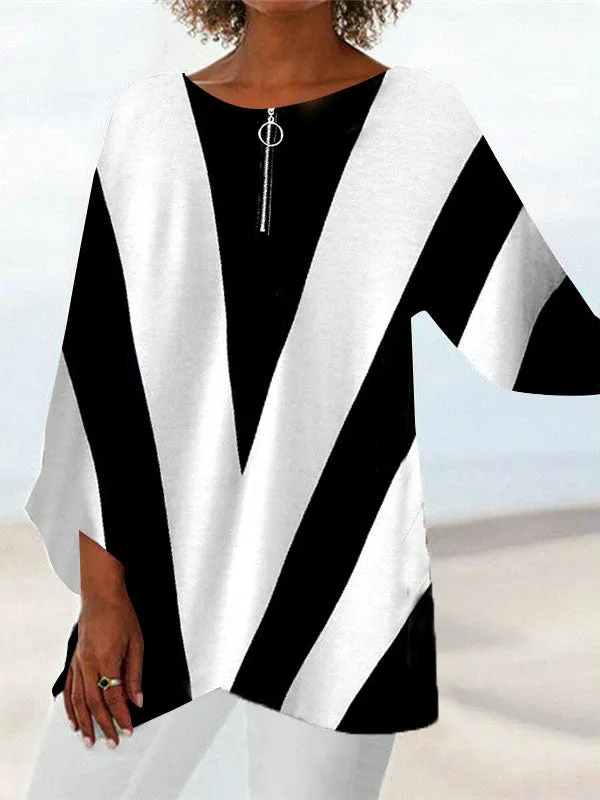 Women Asymmetrical Long Sleeve V-neck Striped Top Dress