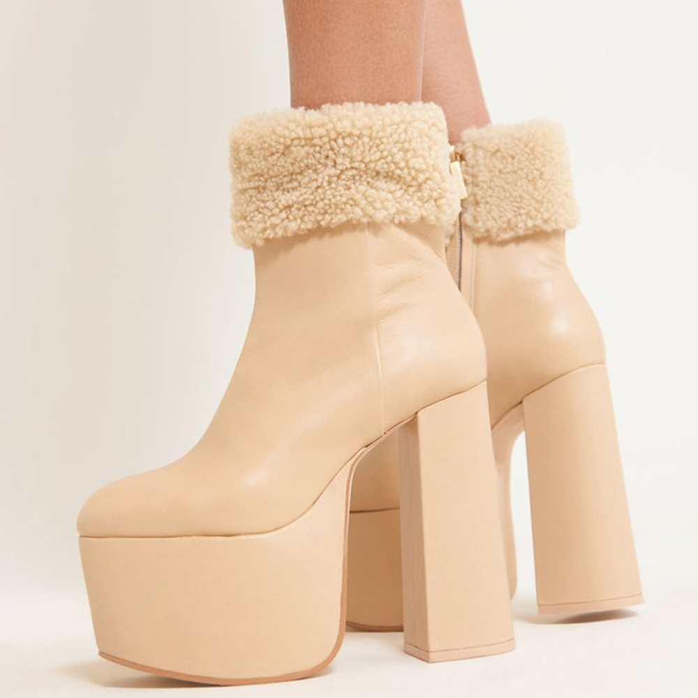Nude  Snow Boots Platform Chunky Heel Furry Boots Nicepairs