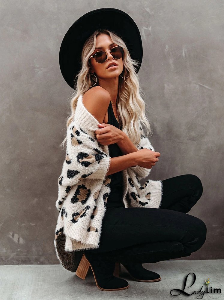 Trendy Leopard Print Bohemian Slim Dolman Sleeve Oversized Sweater Cardigan