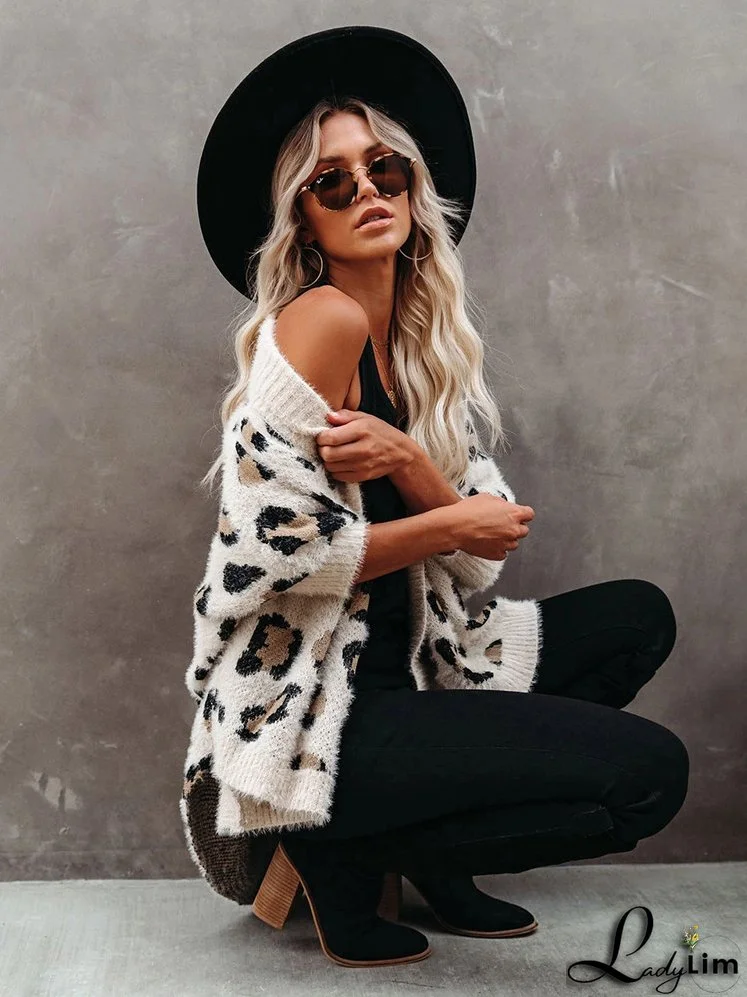 Trendy Leopard Print Bohemian Slim Dolman Sleeve Oversized Sweater Cardigan
