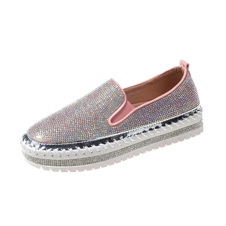 Canrulo pink Luxury Women Flats Rhinestone Sewing Platform Loafers Slip on Sewing Shallow Fashion Casual Shoes Ladies Footwear
