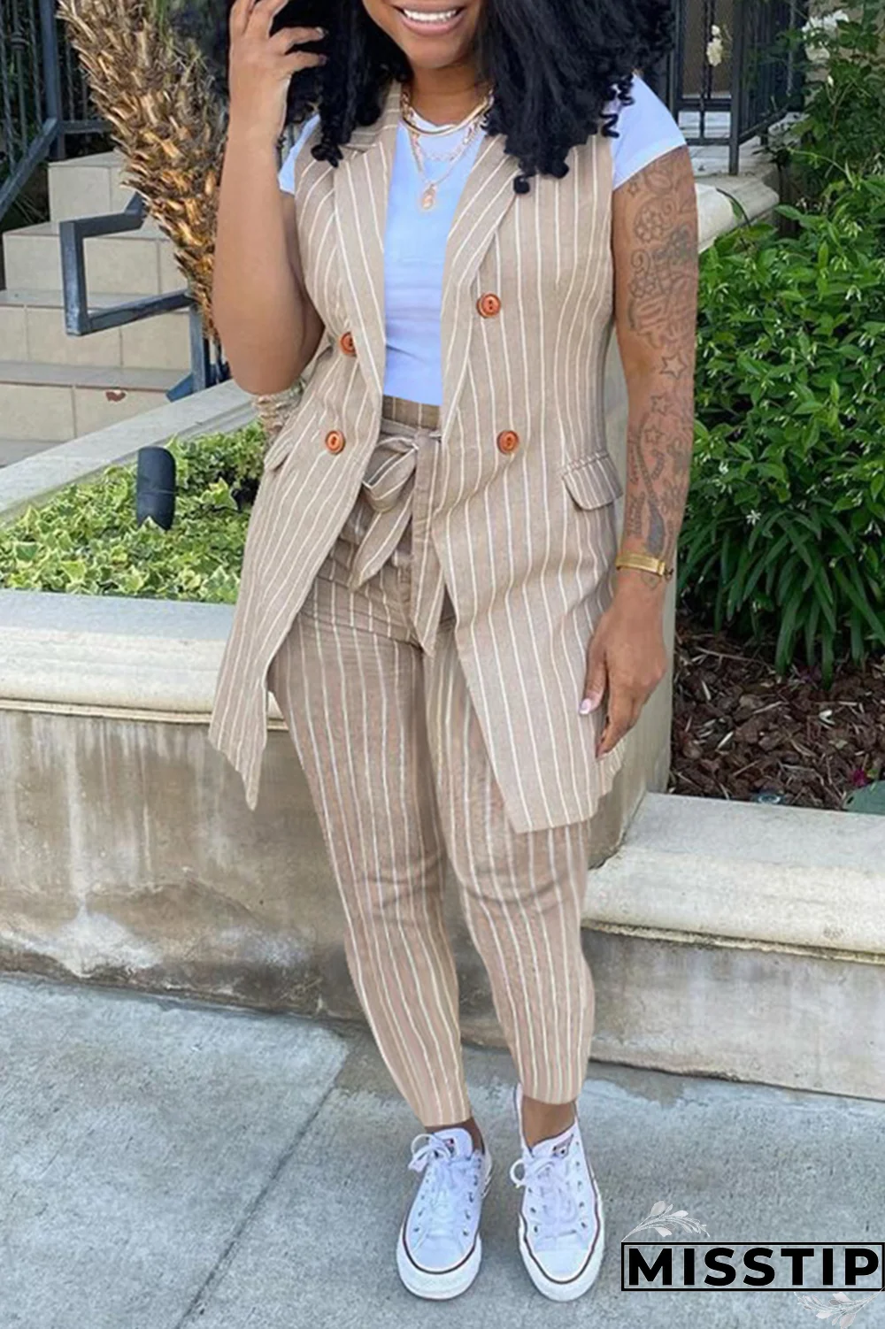 Grass Green Casual Striped Patchwork Turndown Collar Sleeveless Two Pieces