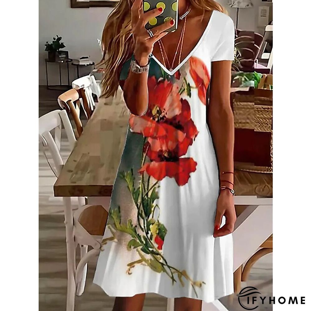 Women's Casual Dress Summer Dress Print Dress Floral Print V Neck Mini Dress Basic Fashion Outdoor Daily Short Sleeve Regular Fit White Pink Red Spring Summer S M L XL XXL | IFYHOME